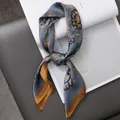 Elegant blue silk neck scarf with vintage gold floral pattern and mustard yellow border - 30211-white 70*70cm / 70*70cm