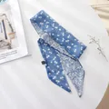 French vintage blue floral chiffon skinny scarf hair tie with delicate white cherry print - Blue Background With White Cherries / 100cm*6cm