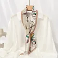 Elegant pleated silk scarf with monogram horse print for women's neck or hair styling - #44 Woven B Horse Head Khaki Edge / 10x130cm