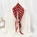 Elegant red pleated silk scarf for women featuring heart prints and a classic H logo design - #62 Peach Heart H Jujube Red / 10x130cm