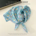 Elegant light blue cotton linen square scarf with cute multi-colored cat print patterns - Blue Cat