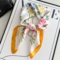 Elegant floral print silk-like small square scarf with mustard yellow border for neckwear - Blending Daisies - White With Yellow Edges