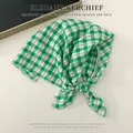 Elegant green and white checkered cotton linen kerchief scarf with delicate floral patterns - Green And White Checkered Pattern