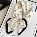 Elegant cream silk-like small square scarf with black horse head pattern for neck styling - French Pony