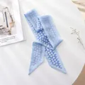 Elegant French vintage light blue floral and gingham chiffon hair scarf ribbon for women - Blue Plaid With Small White Flowers / 100cm*6cm