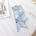 Elegant French style light blue skinny silk-like scarf with daisy floral print for hair tie - Yellow-hearted White Flowers / 100cm*6cm