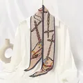 Elegant pleated silk scarf with horse motif on white background for women - #43 Woven B Horse Head Grey Edge / 10x130cm
