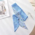 Blue and white checkered hair scarf with daisy floral pattern for summer hair styling. - Small White Flowers In A Dense Checkered Pattern / 100cm*6cm
