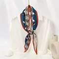 Navy blue pleated skinny silk scarf with orange border tied on a white shirt collar - #46 Color-blocked Geometric Circular Navy Blue Beige / 10x130cm