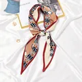 Elegant pleated skinny silk scarf with geometric floral pattern for women's hair or neck - #48 Contrasting Color Geometric Circular Khaki / 10x130cm