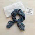 Vintage dark blue floral cotton linen neck scarf featuring a cute daisy pattern bow - 39 Willowleaf Chrysanthemum Green