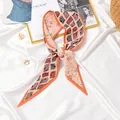 Elegant pleated peach skinny scarf with vintage floral and handbag pattern print - #49 Daisy Horse Head Orange Base / 10x130cm