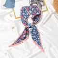 Elegant blue pleated skinny scarf with floral print and pink accents on white silk - #50 Daisy Horse Head Blue Base / 10x130cm
