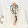 Elegant pleated skinny silk scarf for women with blue and floral patterns on white shirt - #51 Daisy Horse Head Rice Bottom / 10x130cm