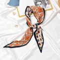 Elegant orange floral pleated skinny silk scarf for women - #52 Square Floral Pattern With Navy Blue Border / 10x130cm