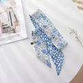 Elegant French vintage style blue floral print chiffon long scarf and hair tie accessory - Blue Background Graffiti Flowers / 100cm*6cm
