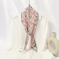 Elegant pleated skinny scarf with pink floral and geometric patterns styled on a white shirt - #53 Square Floral Gray Edge / 10x130cm