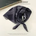 Dark navy cotton linen paisley square scarf featuring elegant knotted styling for women - Paisley Plaid Black