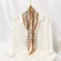 Elegant beige pleated skinny scarf with orange edges and love letter pattern print - #58 Love Chain With Yellow Trim / 10x130cm