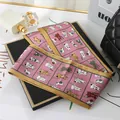 Pink satin silk skinny scarf featuring cute cartoon cat print and elegant gold borders - L040-12-01 Cat - Pink