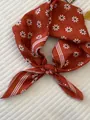 Vintage style burnt orange cotton linen neckerchief featuring delicate white daisy prints - 52 Three-frame Chrysanthemum Red