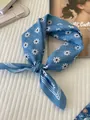 Retro blue cotton linen square scarf with white daisy floral print for hair or neck - 54 Three-frame Chrysanthemum Blue