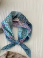 Vintage style blue floral and pink polka dot cotton linen square scarf for neck or head - 46-grid Copper Flower
