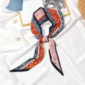 Elegant pleated skinny neck scarf with orange and blue polka dot pattern for women - #74 Dotted Navy Blue Border / 10x130cm