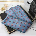 Blue satin silk scarf with pink heart pattern, stylish hair tie and bag accessory - L040-18-03 Heart-blue