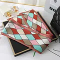 Elegant geometric diamond print silk scarf for hair ties or bag accessories - L040-03-04 Colored Checkered Pattern - Rust Red