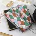 Elegant colorful geometric diamond pattern silk scarf accessory for bag handle or hair - L040-03-01 Colored Checkered - Gray