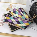 Fashionable diamond harlequin pattern skinny silk scarf for hair or bags - L040-03-02 Colored Checkered - Khaki