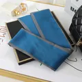 Elegant teal blue satin skinny scarf with striped trim for handbag handle or neck - L040-07-06 Solid Color - Blue