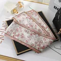 Elegant pink floral print narrow silk satin scarf for hair or bag strap decoration - L040-26-04 Lilac - Khaki