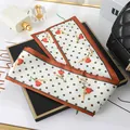 Elegant floral and polka dot silk-like twilly scarf with orange border for women - L040-22-01 Polka Dot Rose - White