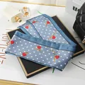 Blue satin skinny scarf with white polka dots and red rose floral print pattern - L040-22-04 Polka Dot Rose - Blue