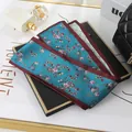 Teal floral print skinny silk scarf with burgundy trim for hair or handbag decoration - L040-21-02 Floral Rose - Blue