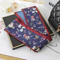 Navy blue floral silk scarf for hair or bag handles with burgundy border - L040-19-01 Small Floral Print - Navy Blue