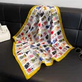 Silk-feel 70cm square scarf featuring colorful cartoon cat breed prints and a golden border - F721-1
