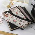 Elegant floral print satin scarf for hair and bags, light grey and black trim - L040-19-03 Small Floral Print - Beige