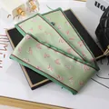 Elegant light green satin skinny scarf with red feather print for hair and bag accessories - L040-20-02 Leaves - Green