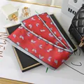 Elegant red satin skinny scarf with blue leaf print, versatile for hair or bag handle ribbon - L040-20-03 Leaves - Red