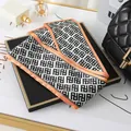 Elegant monogram print satin silk scarf with orange border for handbags or hair - L040-23-04 Double P - White