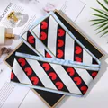 Elegant narrow satin silk scarf featuring a red heart pattern on black and white stripes. - L040-32-02 Black And White Twill Stripes - Red Heart