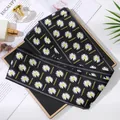 Elegant black skinny satin scarf featuring white daisy print and yellow Fashion text - L040-34-01 English Daisy - Black