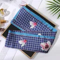 Floral and houndstooth blue narrow satin silk scarf accessory for hair tie or bag decoration - L040-36-02 Dashed Square Morning Glory - Blue