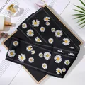 Black thin double-layered chiffon scarf with white daisy and yellow smiley face print - L040-37-01 Daisy - Black