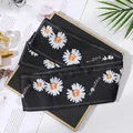 Elegant black silk scarf with white daisy prints and fragment logo for hair and handbags - L040-37-02 Blooming Daisies - Black