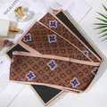 Elegant retro geometric print satin silk scarf for hair styling or handbag handle accessories - L040-31-01 Crossed Circular Squares - Caramel Color