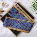 Elegant blue and gold skinny silk scarf with geometric pattern for hair and handbag - L040-31-02 Intersecting Circular Blocks - Blue